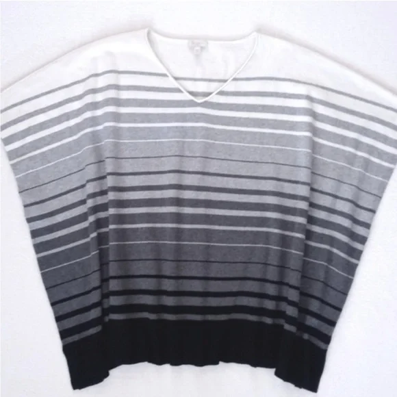 Talbots Wool Blend Black, Grey & Winter White Striped Poncho/ Sweater Poncho S/M - Picture 3 of 12